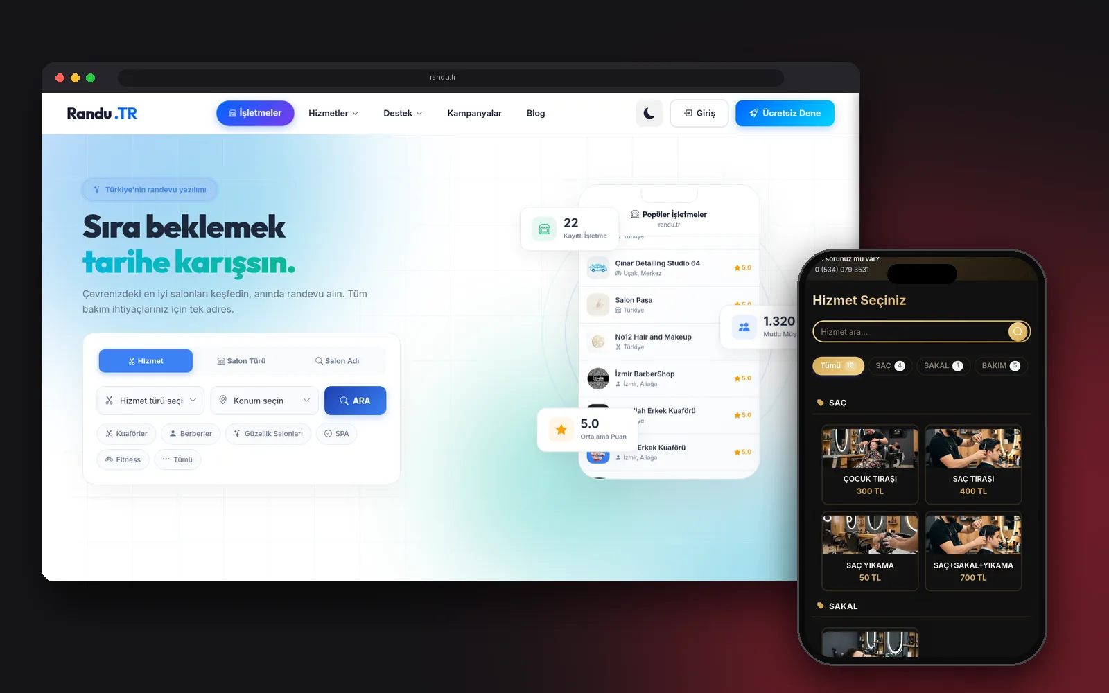 randu.tr web sitesi ve mobil randevu ekranı
